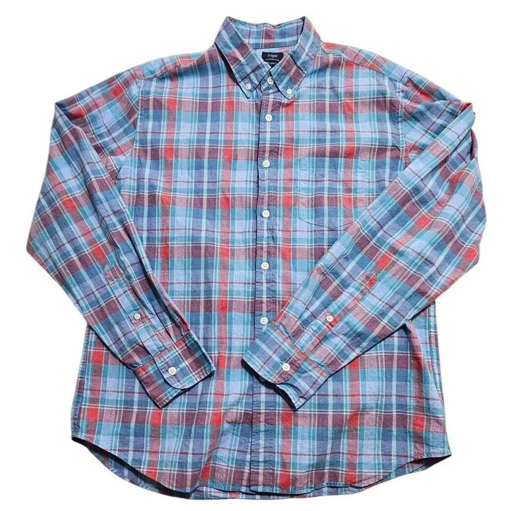 J Crew Mens Heathered Cotton Plaid Button Down Shirt‎ Blue Red Large 47166 HO 17